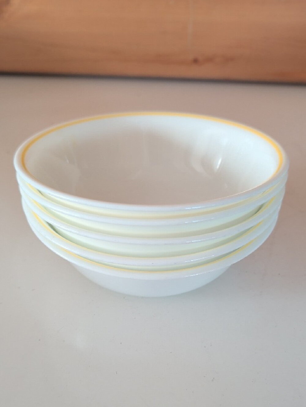 Set of 5 Corelle, Salad/Cereal and Soup Bowls with Yellow Rim.
